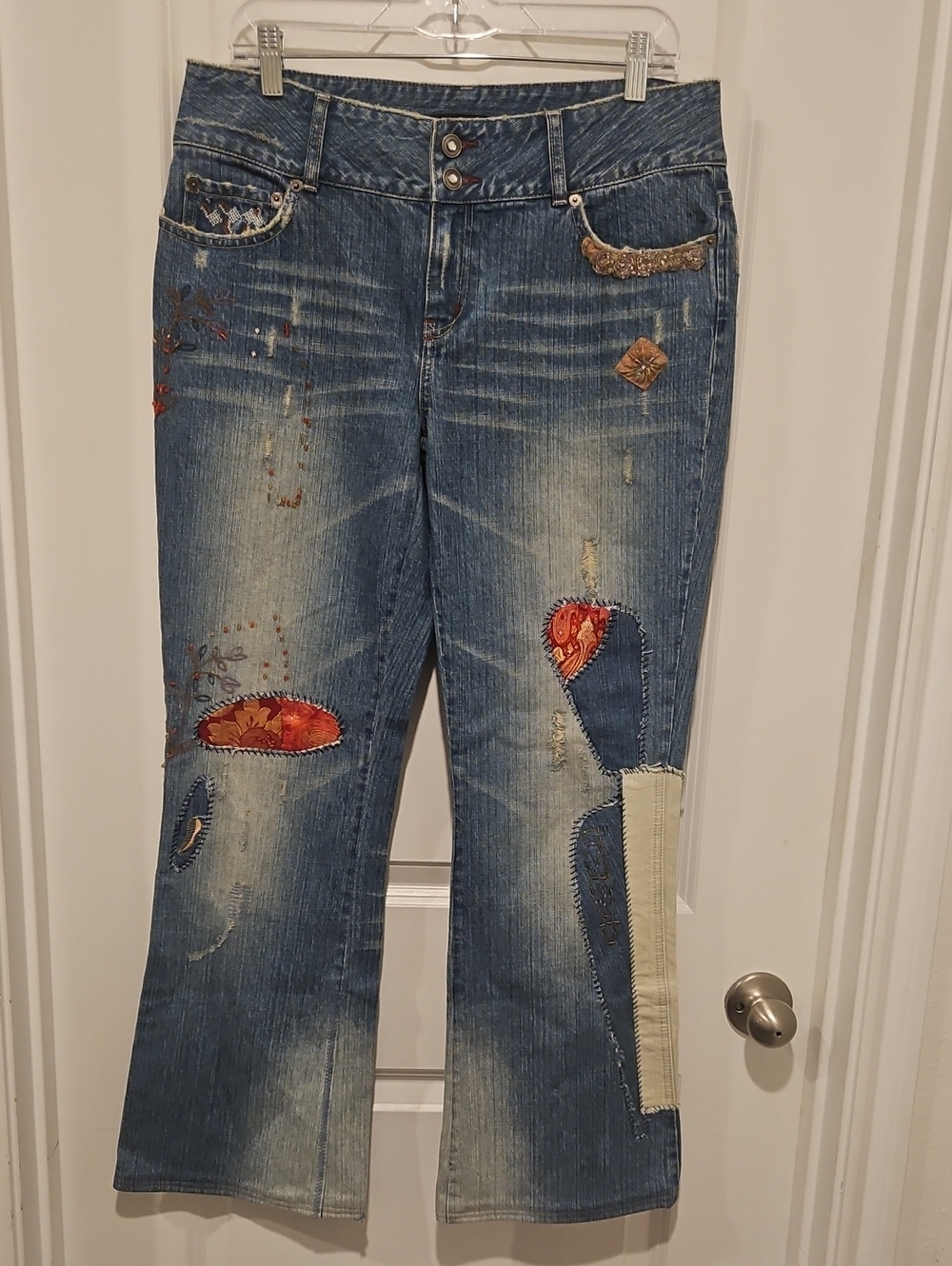 Y2K London Jeans Embroidered Blue Patchwork Size 12